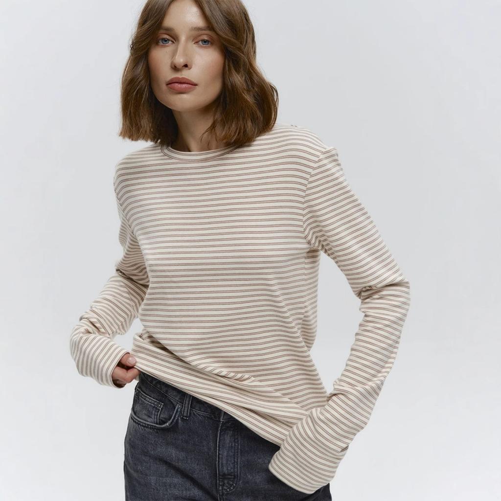 T-shirt Base da Donna a Maniche Lunghe a Righe Girocollo Slim Fit in Cotone per Autunno Inverno, Maglietta Intima Casual da Pendolare