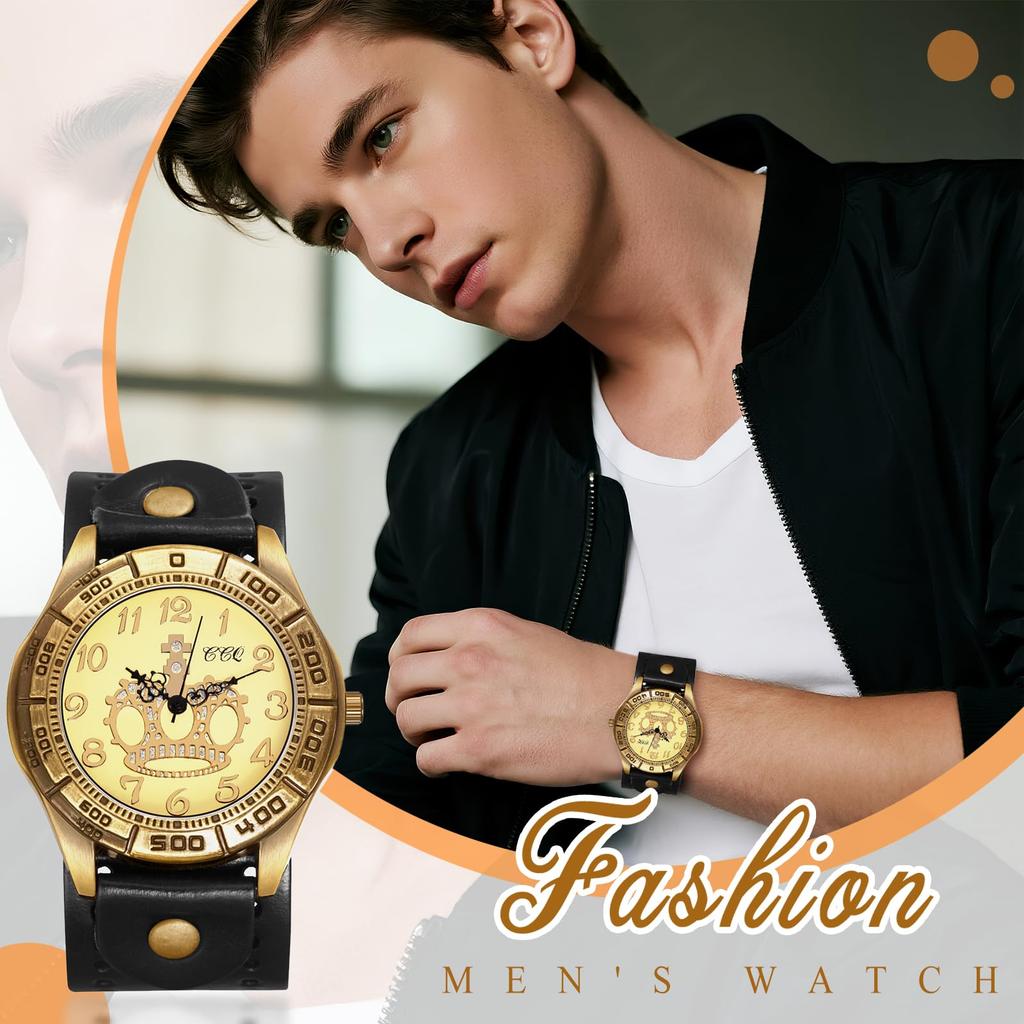 Unisex Punk Watch with Leather Waterproof Analog Display with Crown and Quartz Genuine Leather Motorcycle Fashion Watch Perfect Gift for and Day