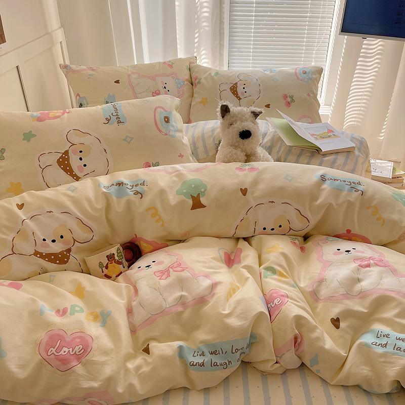 100% Pure Cotton Bed Four-piece Set Skin-friendly Water Wash Bed Sheet Quilt Cover Pillowcase Set