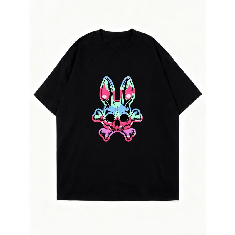 Oversized T Shirt Black Bunny Skull Neon Print Casual Streetwear Fashion Statement Top For Women