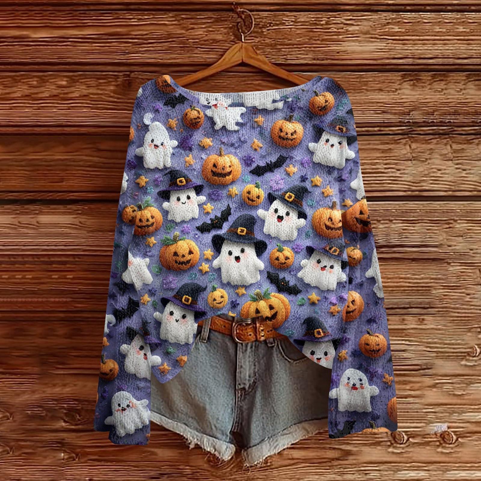 

Свитшоты на Хэллоуин для женщин, вязаный свитер, милая рубашка, осенний свитер с круглым вырезом, топы XL