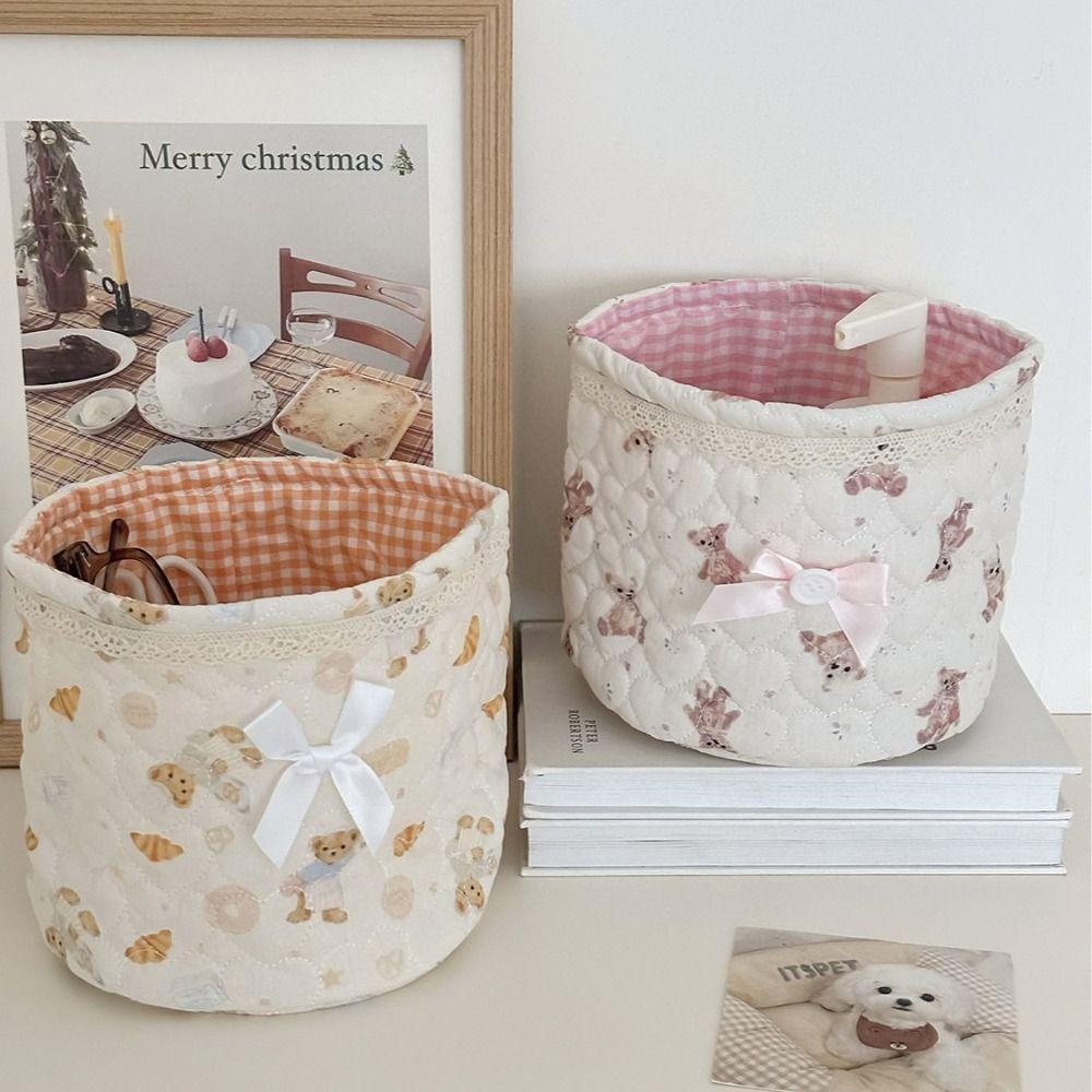 Sweet Bear Series Desktop Storage Basket Quilting Cotton Large Capacity Organizer Box Cylindrical Foldable Storage Box