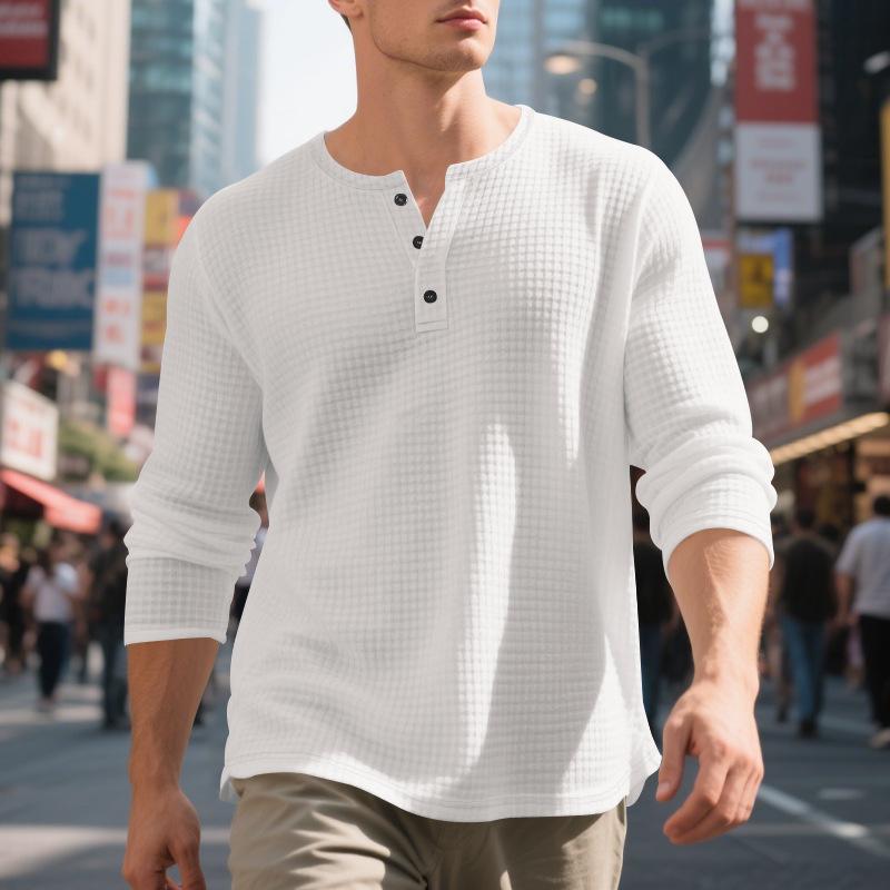 Men's Jacquard Small Square Buckle Henley Long Sleeve Retro Base T-shirt