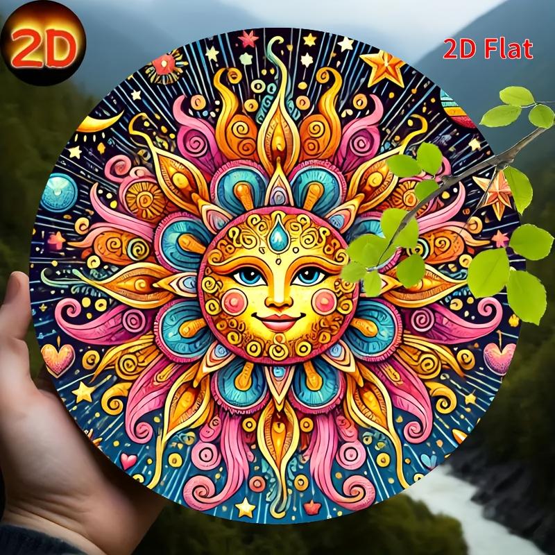 Colorful Bohemian Sun Face Psychedelic Round Metal Sign D Flat Printed Boho Hippie Stars Swirls Art Tin Plaque Vibrant Cele 20x20cm(8x8inch)
