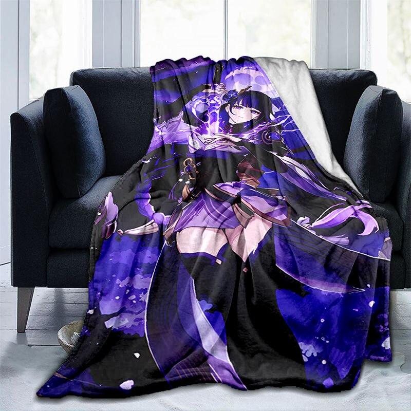 Pătură cu imprimeu Genshin Impact cu desene animate, flanel, căldură, moale, canapea extensibilă de pluș, pătură pentru aruncare, pătură de pluș, anime drăguț