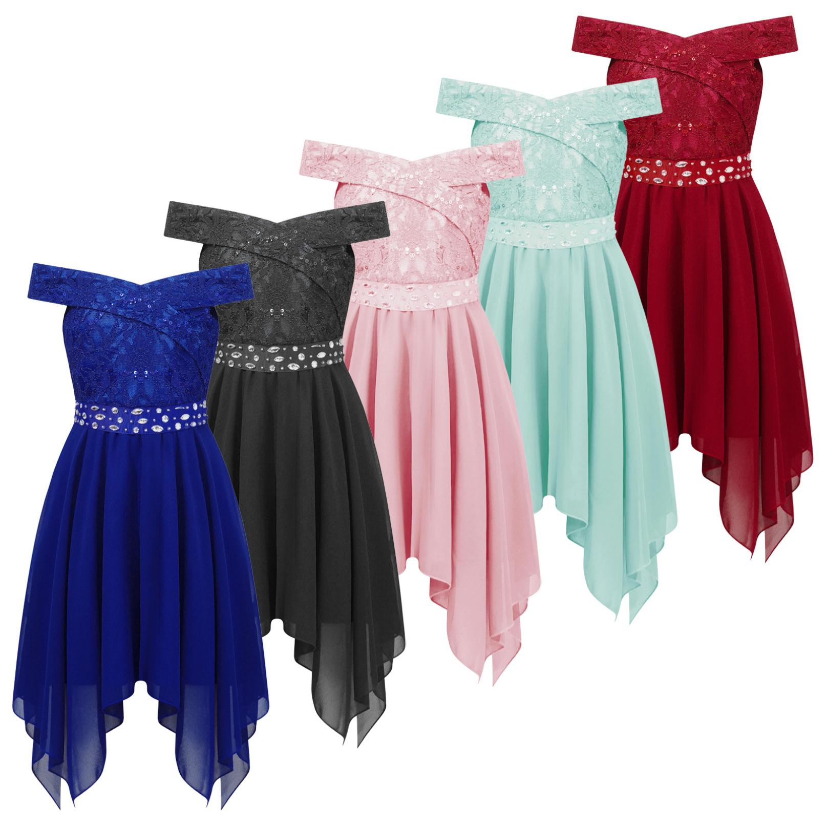 

Офіційне весілля, день народження, вечірнє бальне плаття для дівчаток із відкритими плечима, мереживом із шифону та високою низькою стороною 5-6 Years рожевий