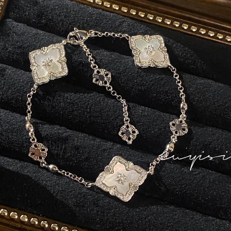 Italian Vintage Bratti Gray Mother Of Pearl Jewelry Set Clover Full White Shell Necklace Ring Earrings Women