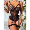 Hot Contrast Lace Teddy Sexy Lingerie Set Lettuce Trim Heart Decor Cut Out Strappy Thong Bodysuit Women's Erotic Lingerie