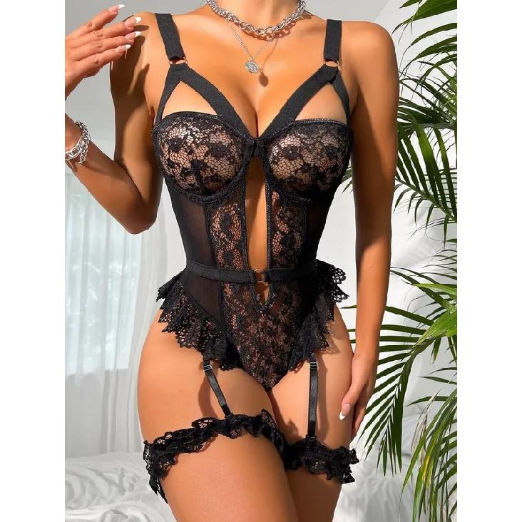 Hot Contrast Lace Teddy Sexy Lingerie Set Lettuce Trim Heart Decor Cut Out Strappy Thong Bodysuit Women's Erotic Lingerie