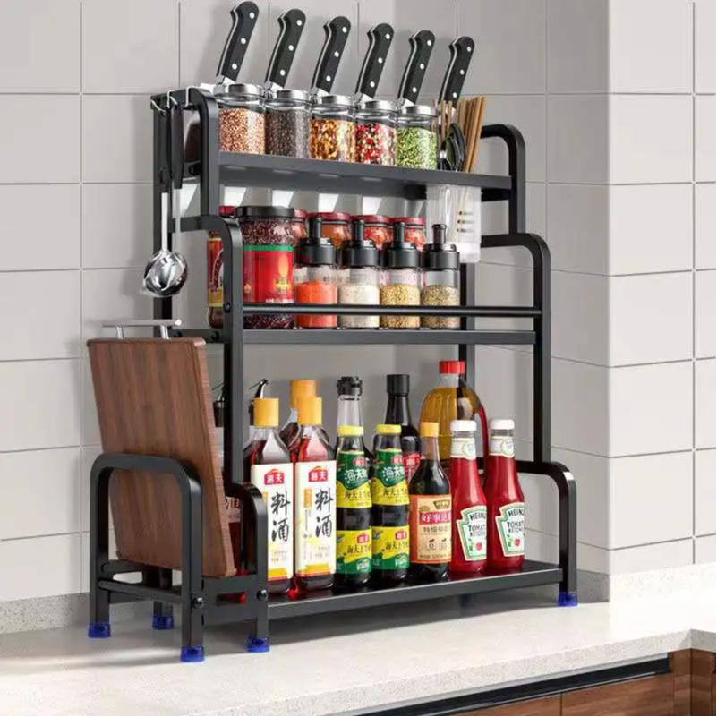 2/3Layer Kitchen Storage Shelf Stainless Steel Seasoning Jar Spice Storage Rack Chopsticks Knife Shelf Bar Organizer Accessories