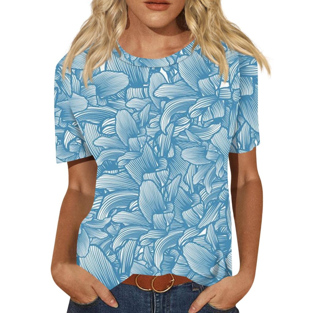Damen Freizeit 3D Blumendruck Freizeit Kurzarm T-Shirt Pullover Rundhals Kurzarm Oberteil