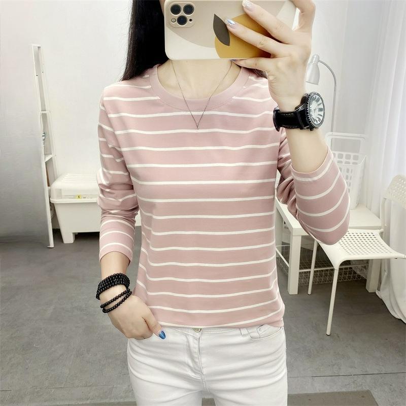 Plus Fat Plus Size Women's Loose Long-sleeved T-shirt Women's Autumn Cotton Striped Bottoming Shirt Top Clothes