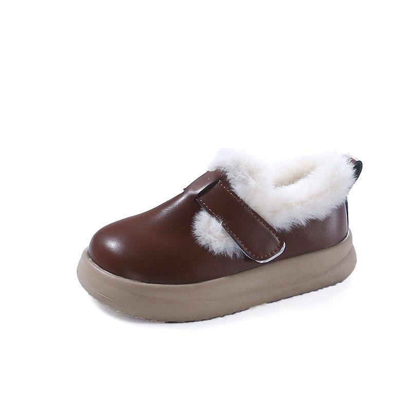 Korean Style Girls' Plush Cotton Velcro Leather Shoes - Thick Sole, Warm for Autumn/Winter 2025