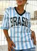 Summer New Vintage Brazil Style Print Women V-Neck T Shirt Patchwork Short Sleeve Sports Tees Football Jersey Y2K New Maternity
