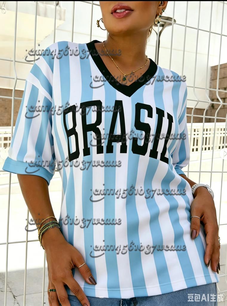 Summer New Vintage Brazil Style Print Women V-Neck T Shirt Patchwork Short Sleeve Sports Tees Football Jersey Y2K New Maternity
