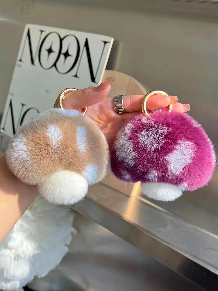 Wholesale Cute Mushroom Real Rex Rabbit Fur Key Chains Girls Schoolbag Toy Pendant  Women Bag Charm Ornaments Car Keyring Gift