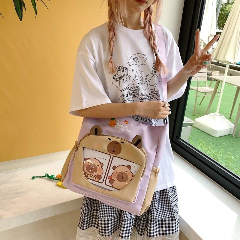 Make-up Bag New Contrasting Color Cartoon Cute Tote Bag Large Capacity Trendy Messenger Bag Portable Student Tote