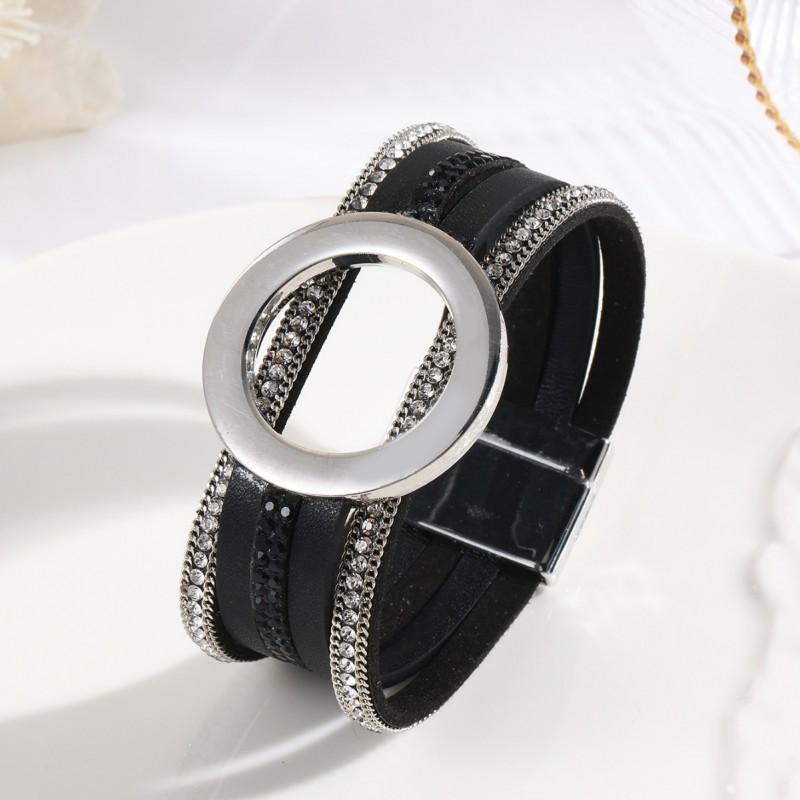 Womens Geometric Alloy Magnetic Clasp PU Leather Bracelet With Large Circle Chain Fashion OL Style