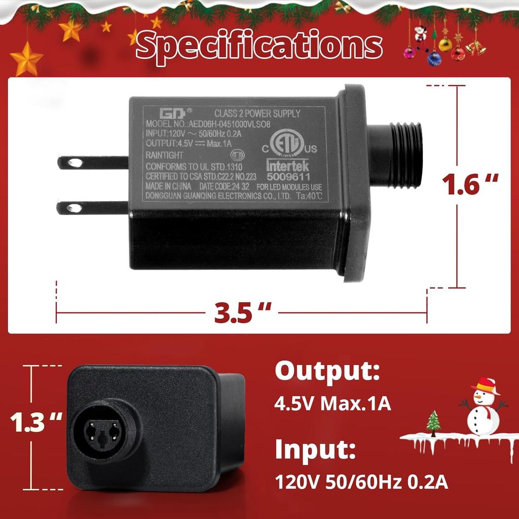4.5V 1A Class 2 Power Supply LED Transformer, LED Controller IP44 Low Voltage Transformer US Plug for Christmas Light, Halloween String Light