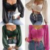 Summer V-neck Chiffon Drawstring Lantern Sleeve Tight Fashion Sexy Shirt Short Top