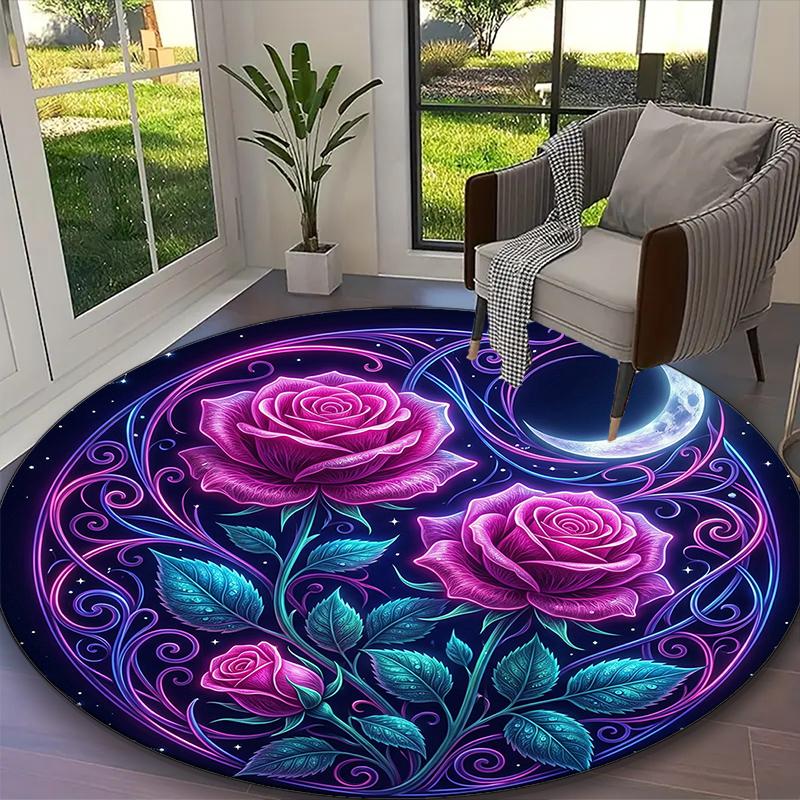 [Enchanted Azure Rose Petal Printed Carpet] Durable Home and Office Round Rug, Kitchen Farmhouse Decorative Floor Mat