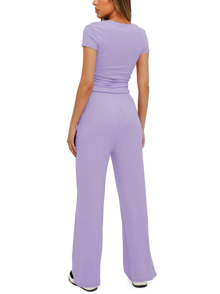 Lässiges Rüschenbesatz Einfarbig Kurzarm Top & Hochtaillierte Weitbein Hose Set