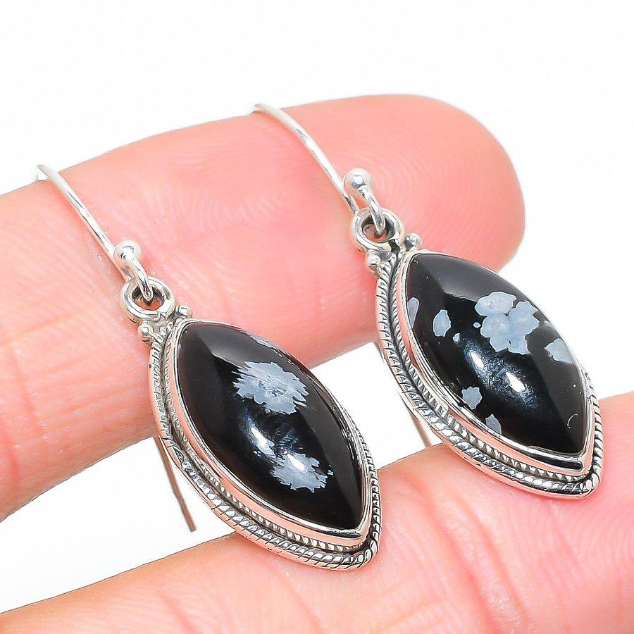 Natural Snowflake Obsidian Gemstone 925 Solid Sterling Silver Earring 1.50" E2v14