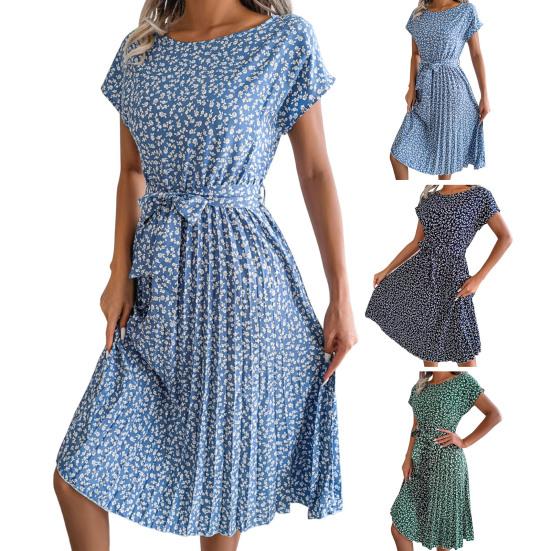 O-Neck Short Sleeve High-Waist Lace-Up Midi Dress Simple Floral Print Pleated Hem