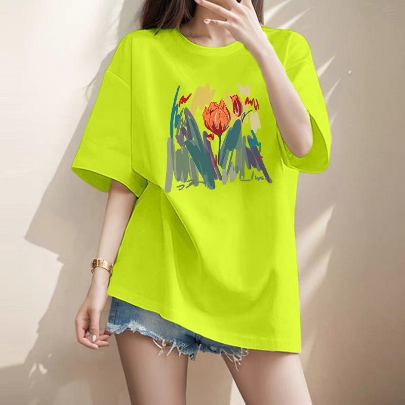 Women Clothing Chic Hand-Painted Flower Printing T-shirt Summer Elegant Fashion Pure Cotton Basic Top Tee Lady Loose Pullovers