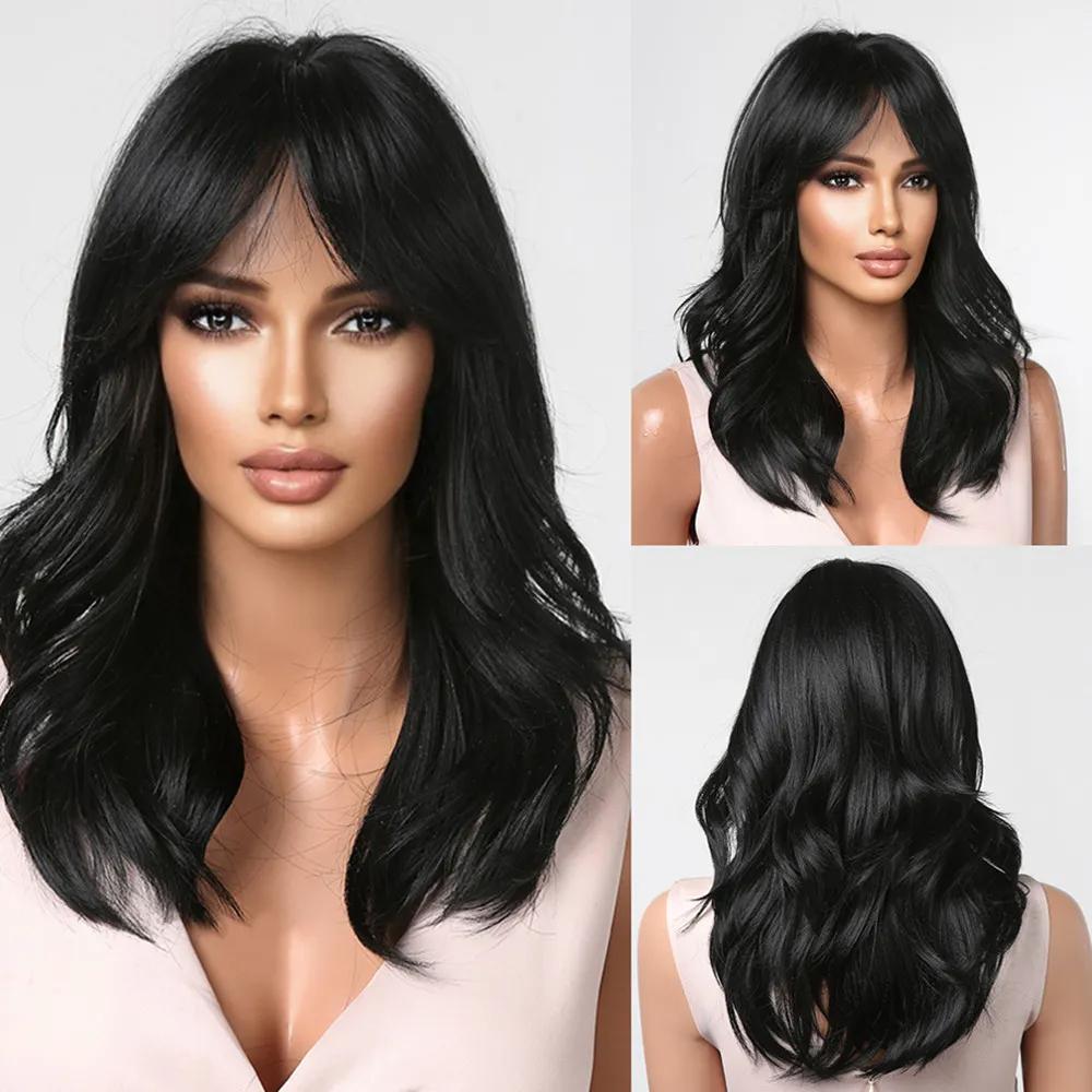 ALAN EATON Omber Brown Wavy  Layered Synthetic Wigs with Curtain Bangs Long Wave Wigs for Women Daily Use Heat Resistant Hair