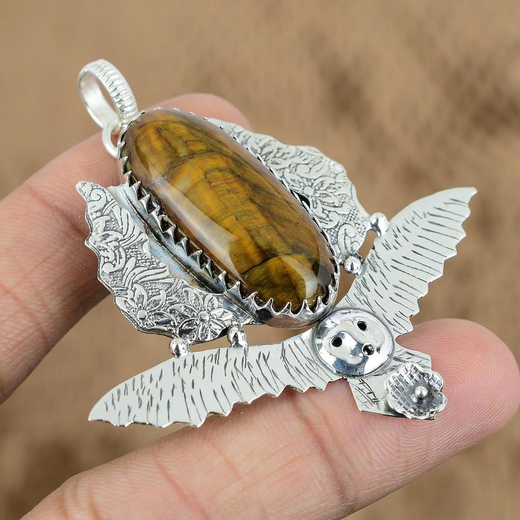 Natural Tiger'S Eye Gemstone Jewelry 925 Sterling Silver Pendant Owl For Girls