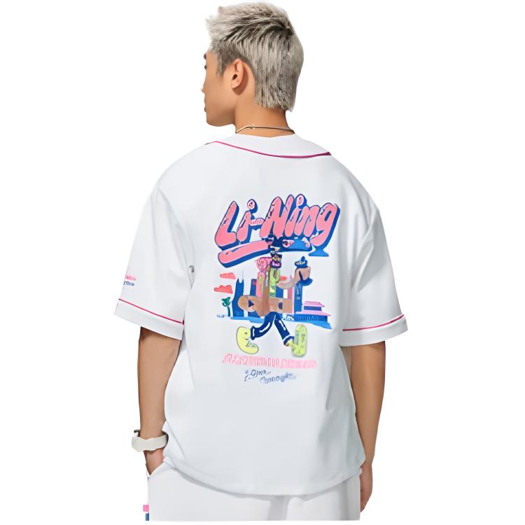 Li-Ning Steven Harrington Embroidered Cartoon Print Single-Breasted Short Sleeve Jacket Men Jacket White AFDSC23-2