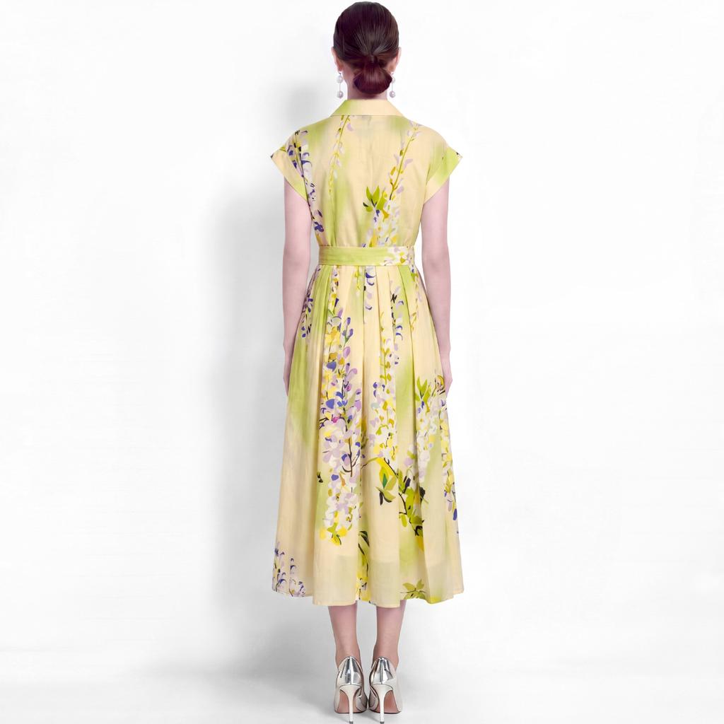 Elegant Floral Print Midi Shirt Dress for Women Summer Cap Sleeve Lapel Button Down Waist Belt A-Line Dress Holiday Outfits