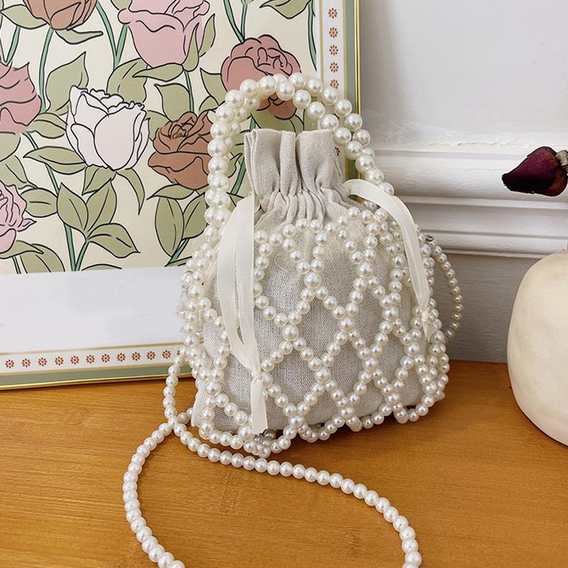 

Luxury Pearl Women Bucket Tote Bag Woven Pearl Crossbody Bags for Women Small Wallet Handbag Casual Drawstring Female Coin Purse