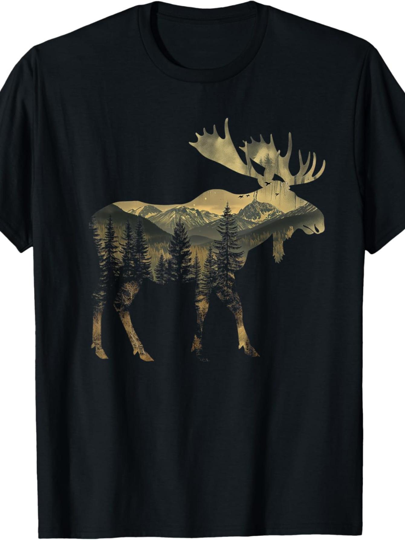 

Alaska Elkhorn Mountains Moose Graphic T-shirt - 100% Cotton Short Sleeve Casual Tee with Nature Print for Hiking S
