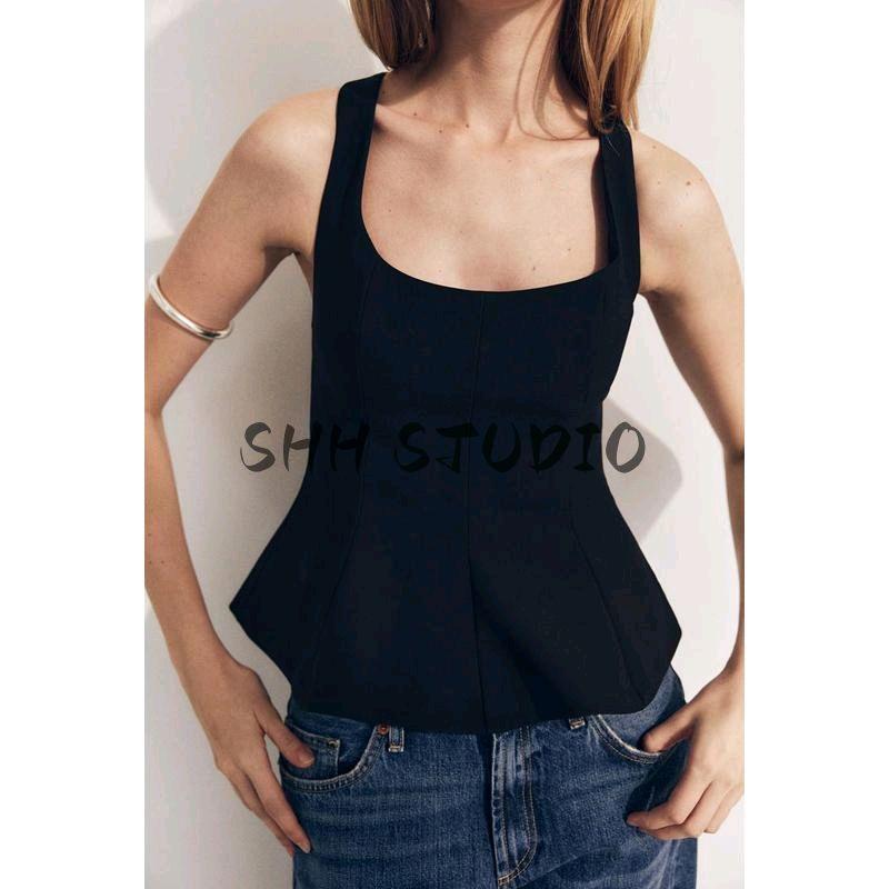 Spring New Women's Clothing Sleeveless Square Collar Cropped Short Skirt Hem Stretch Comfortable Top 2180011