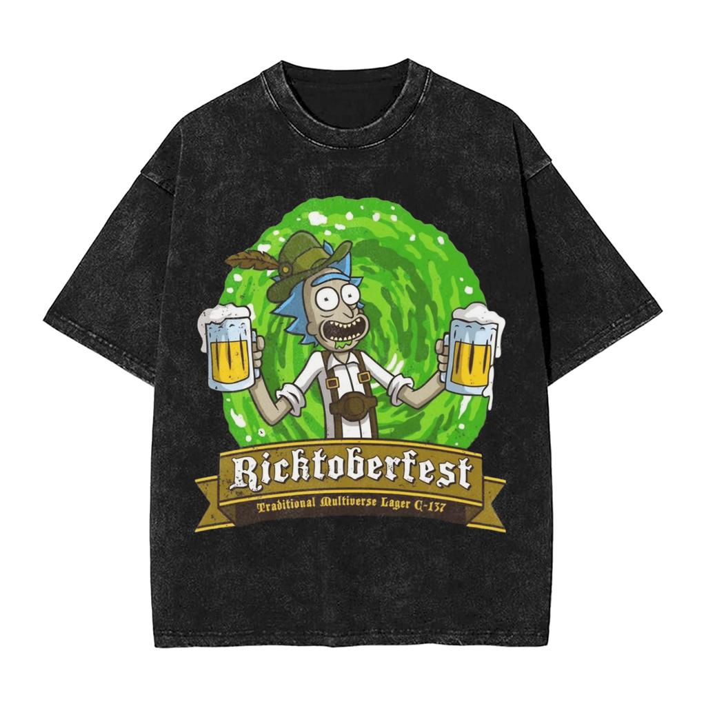 R-Rick and M-Morty Vintage Washed T-Shirt Men Polyester Clothing Kawaii Adventure Crewneck Short Sleeve