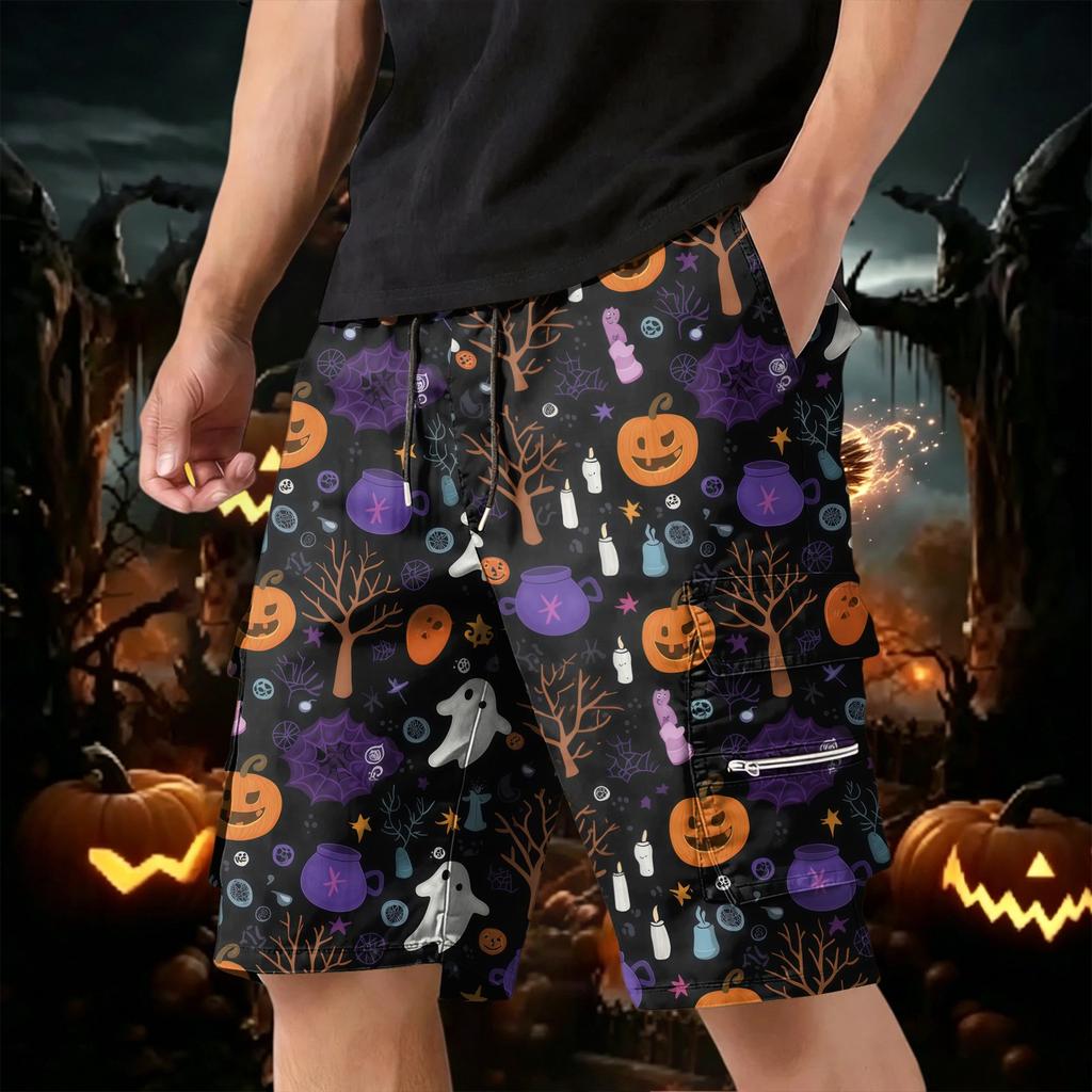 Men Drawstring Multi Pocket Cargo Shorts with Halloween Pumpkin and Bat Print Loose Fit Comfortable Design for Daily Wear