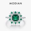 MODIAN Anéis de Dedo Quadrados Retro Elegantes em Prata 925 Genuína com Zircônia Verde Corolla para Mulheres Joias Finas de Coquetel para Festa