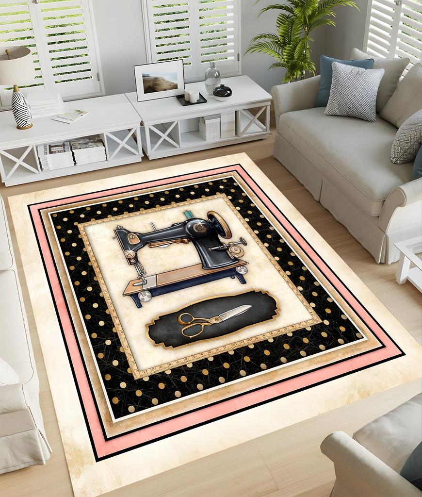Vintage Sewing Machine Design Area Rug Non-Slip Flannel Carpet for Home Office Living Room Bedroom Decor Floor Mat