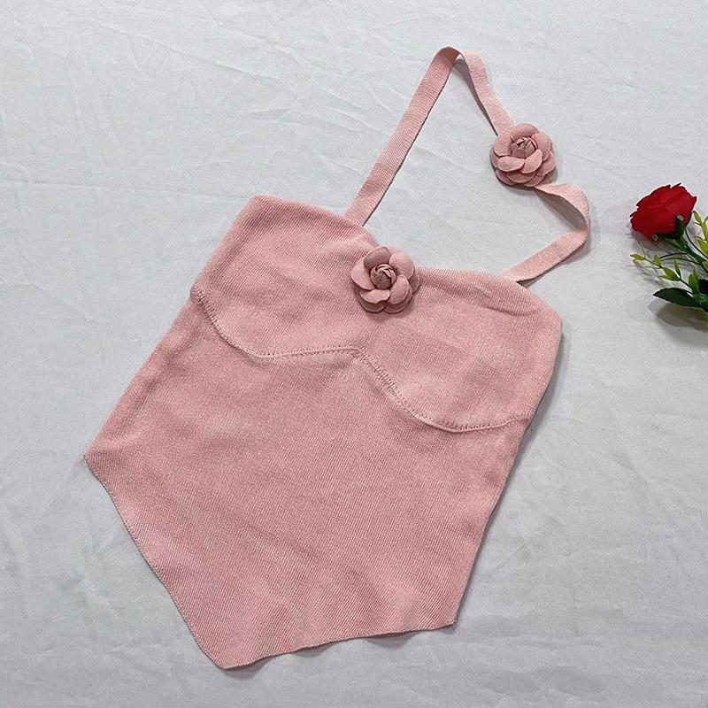 Women's Halterneck Slim Knitted Sleeveless Strapless Vest Three-dimensional Flower Crop Top