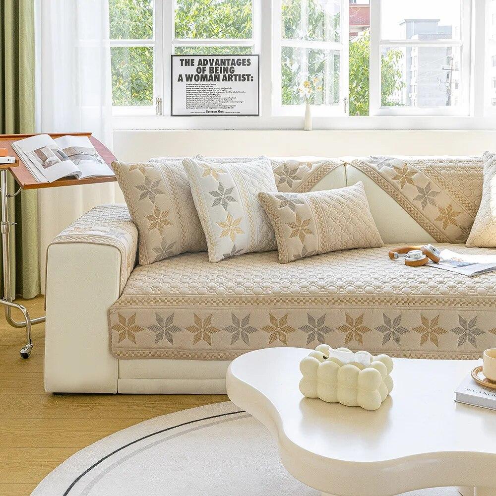 Embroidered Sofa Towel Pillowcase Polyester Cotton Sofas Cushion Anti Slip Wear-resistant Snowflake Patterned Sofa Cover Blanket
