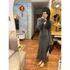 Temperament Gray V-neck Knitted Dress Autumn and Winter Lazy Slim Fit with Bottom Sweater Skirt