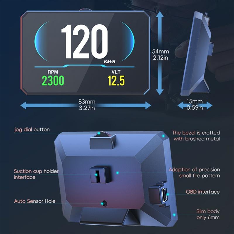 P16 Car Hud Obd2 Lcd Meter Head Up Display Speedometer Kmh,Mph Tachometer Water Temp Fuel Consumption Turbo Pressure