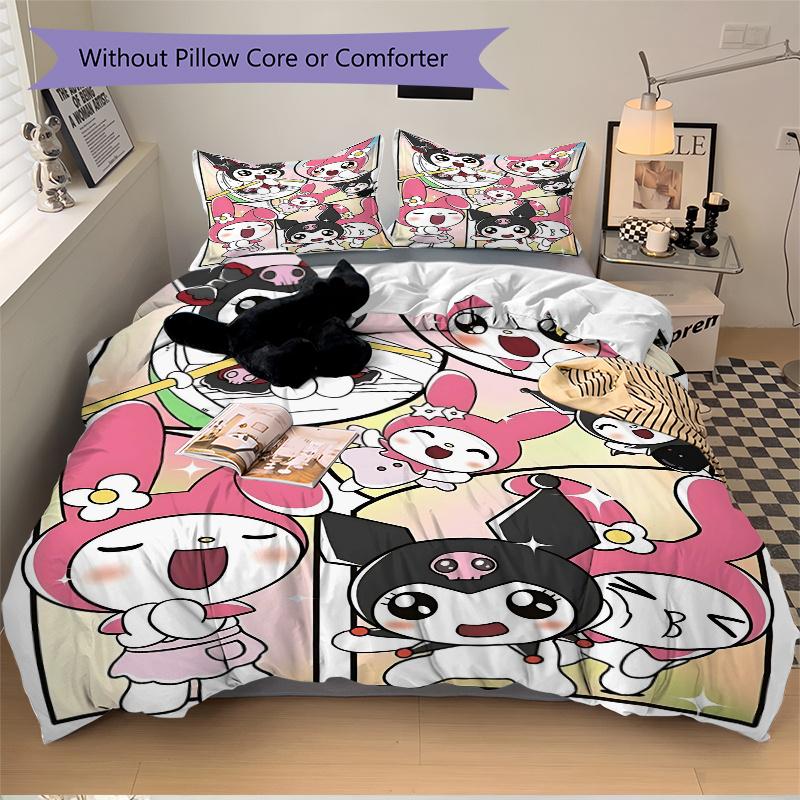 3pcs Sanrio Cute Characters Quilt Cover Set - Soft & Comfortable Polyester Fabric, All-Season Breathable Comforter Set For 1 Quilt Cover & 2 Pill