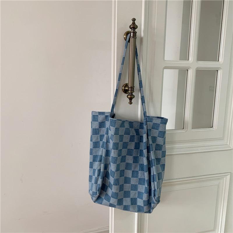 1 Checkerboard Large Capacity Tote Bag Denim Canvas Shoulder Bag Schoolgirl Handbag