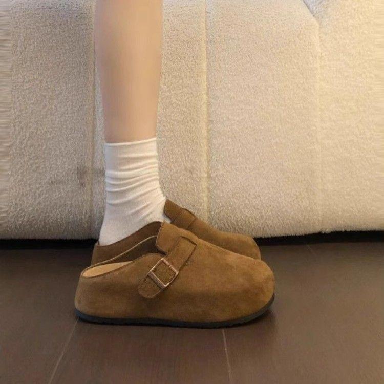 Soft leather version thick bottom inner height increase women's spring new models, small people wear one pedal bag head and half slippers outside