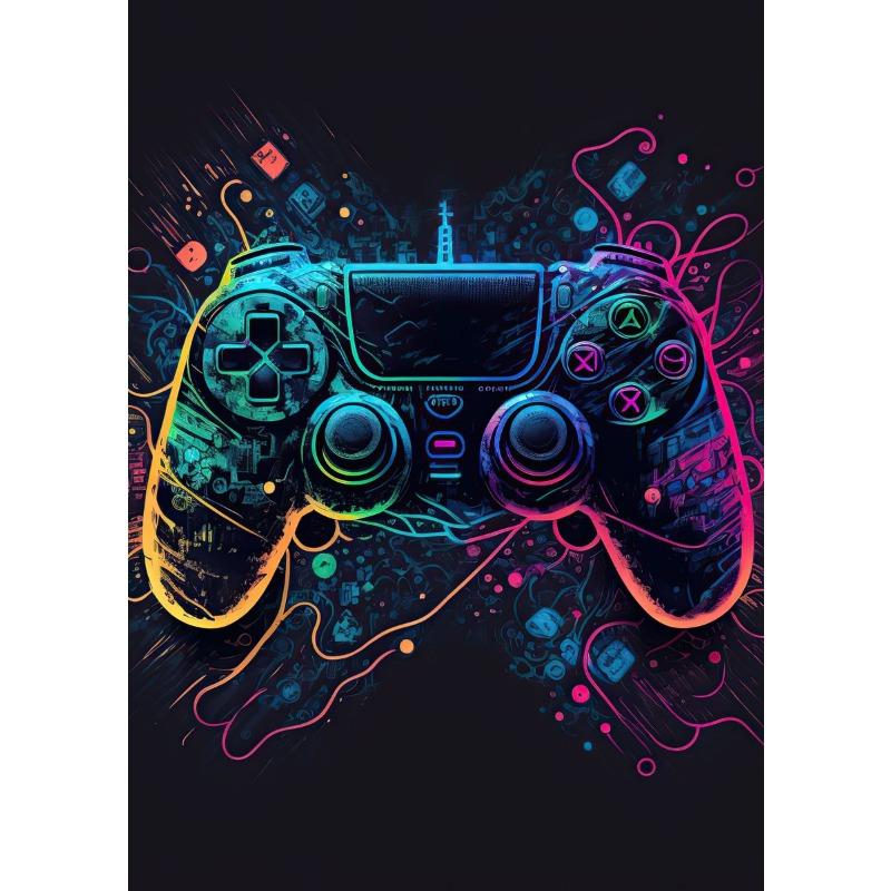 Cooles Gaming Wandbild Leinwandgemälde, Bunter Gamer Controller, Neon Pop Poster und Druck, E-Sports Raumdeko, Geschenk, Ohne Lichter