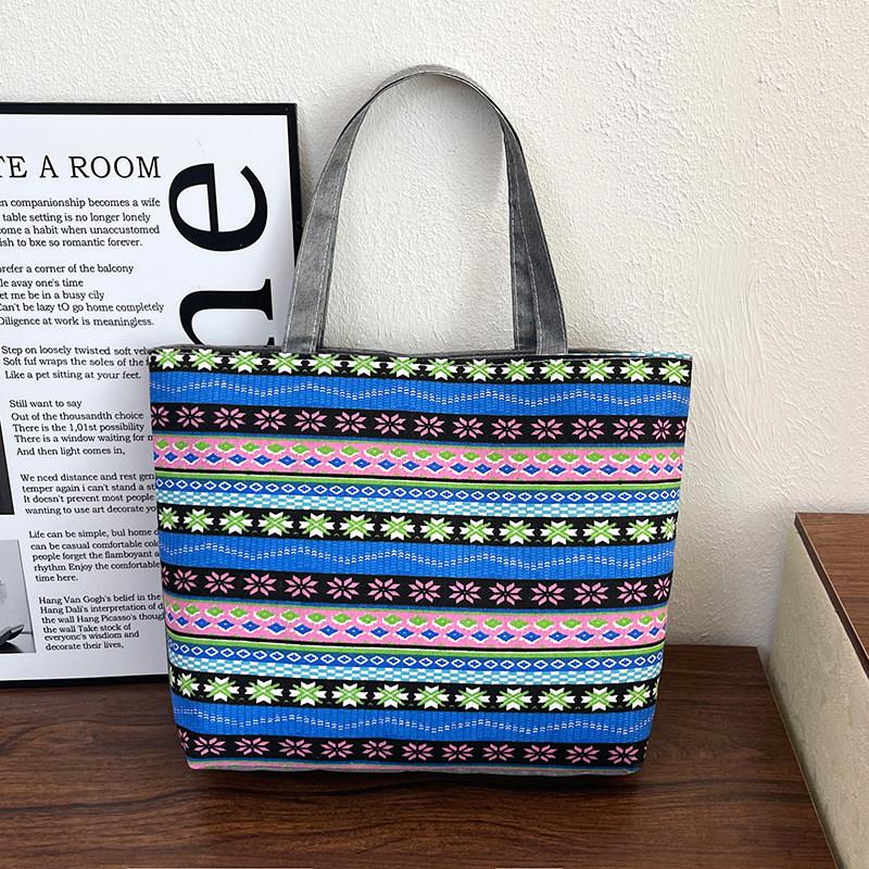 Ethnic Style Canvas Tote Bag With Print Large Capacity For Daily Use