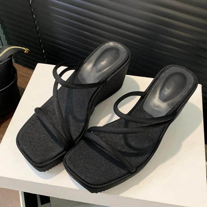 Fashion Eilyken Street Style Design Narrow Band Square Toe Platform Wedge High Heels Woman Slippers Fashion Slide Shoes
